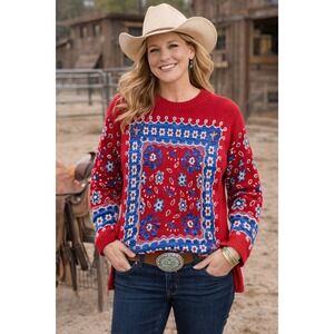 Vtg Womens Bandana‎ Sweater Red Blue Floral Long Sleeve Crew Neck